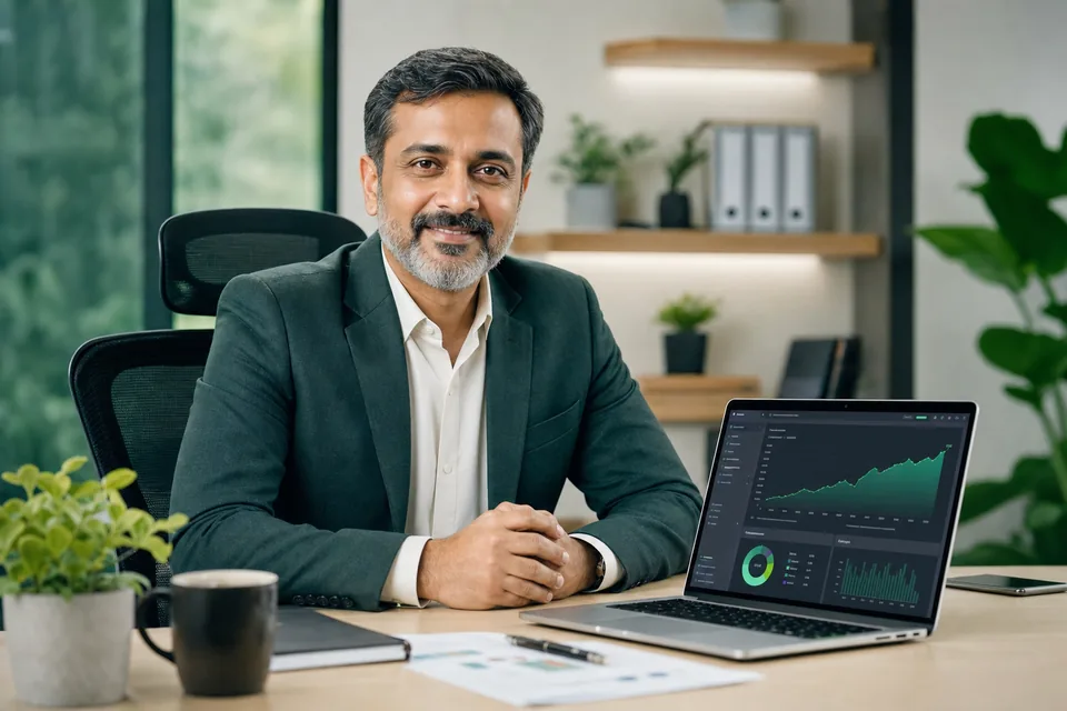 Confident Indian business owner with real-time dashboard, revenue graph and GST compliance visibility